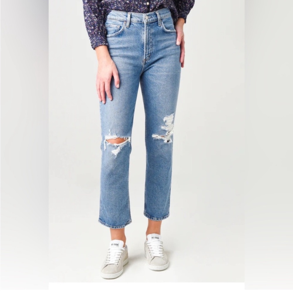 AGOLDE Wilder High Rise Straight Leg Blue Denim Distressed Ripped Jeans Size 26